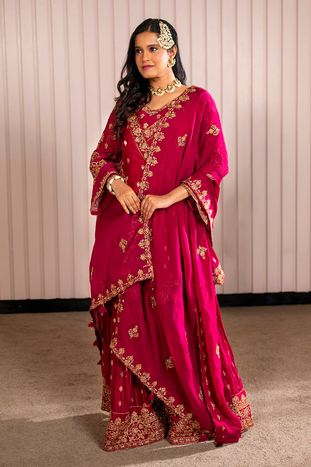 Maroon Kurta Sharara Set in Silk Crepe with Zardosi and Embroidery.