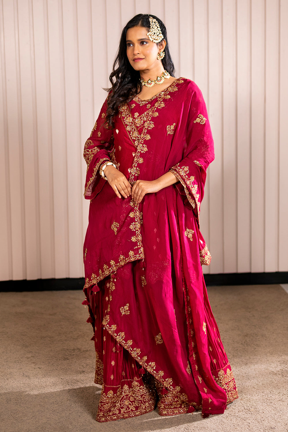 Maroon Kurta Sharara Set in Silk Crepe with Zardosi and Embroidery.