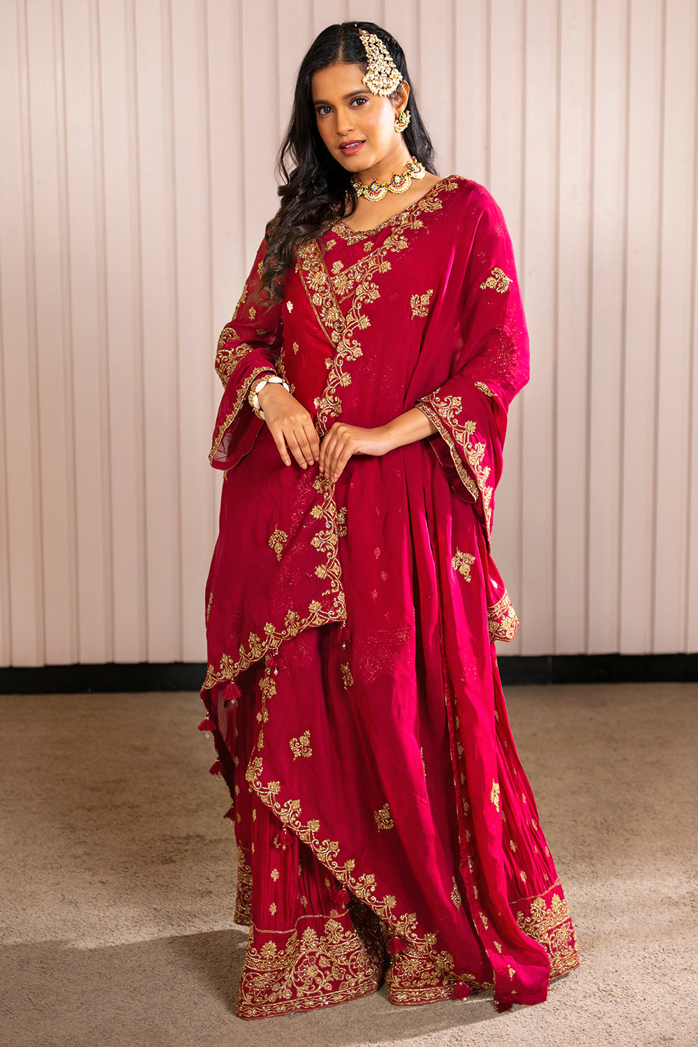 Maroon Kurta Sharara Set in Silk Crepe with Zardosi and Embroidery.
