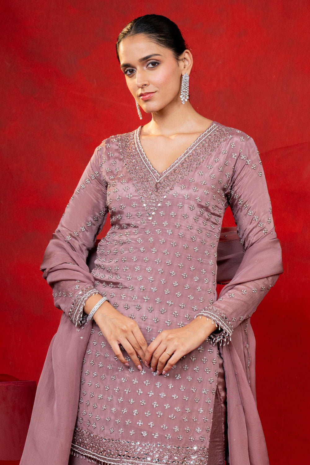 Mauve Crepe Silk Suit Set with Moti and Mirror Work