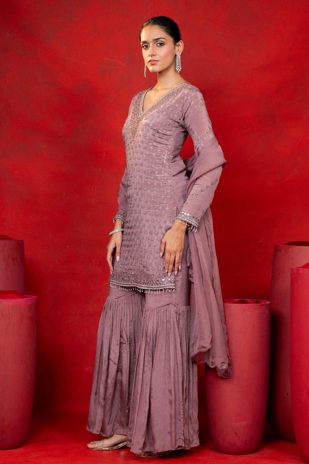 Mauve Crepe Silk Suit Set with Moti and Mirror Work