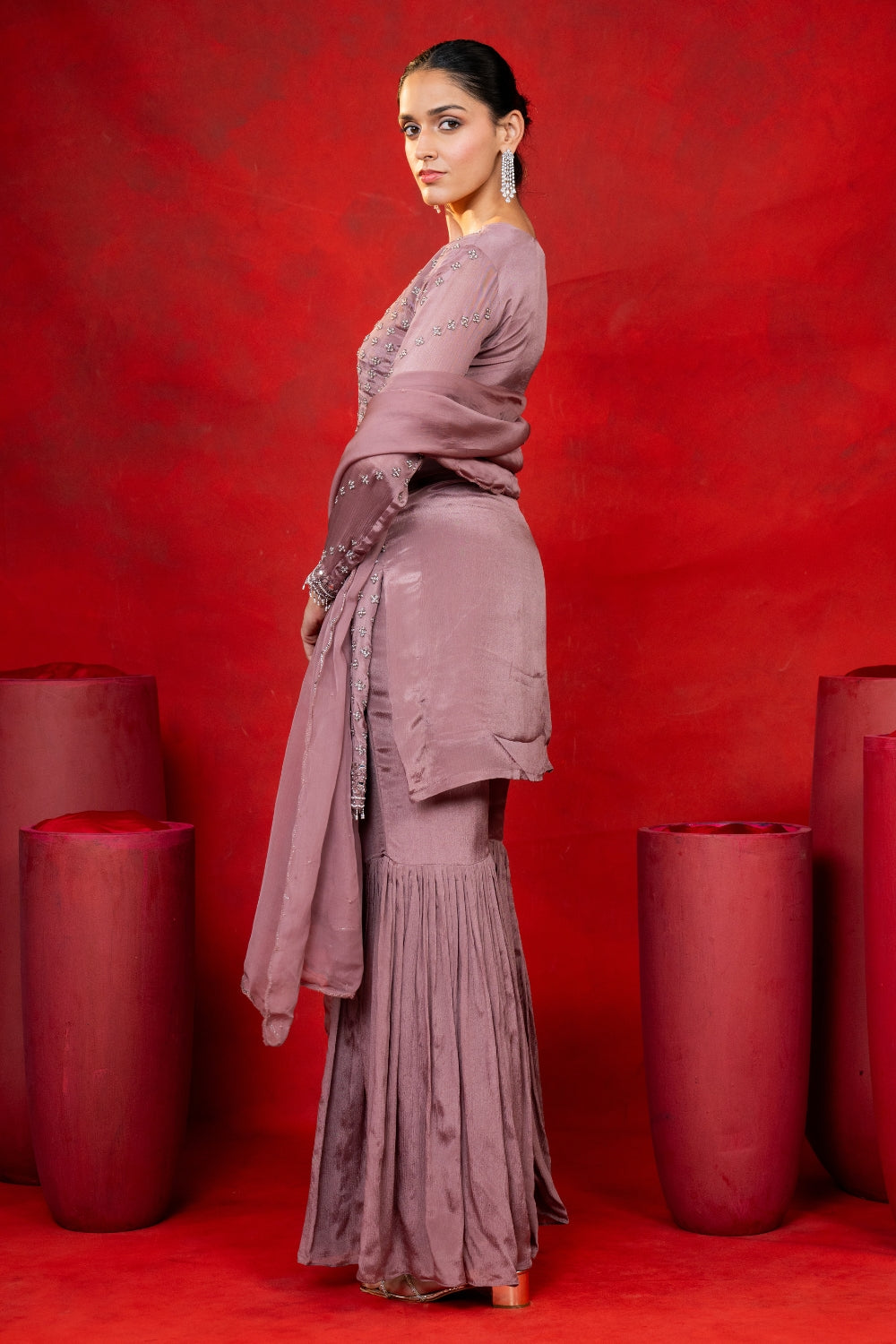 Mauve Crepe Silk Suit Set with Moti and Mirror Work