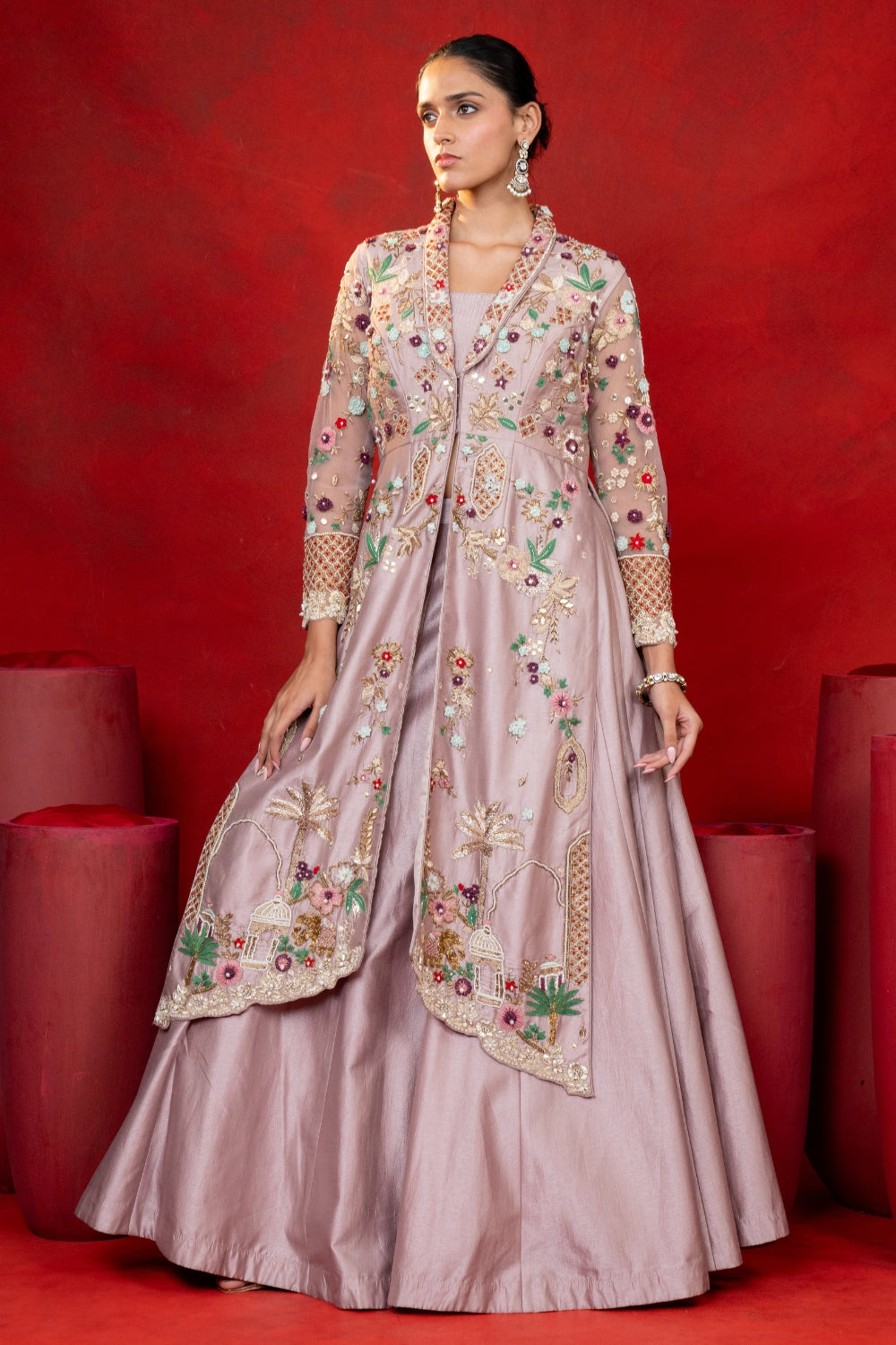 Mauve Silk Indo Western with Zardosi and Resham Embroidery