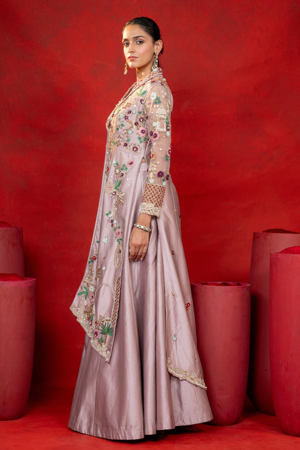 Mauve Silk Indo Western with Zardosi and Resham Embroidery