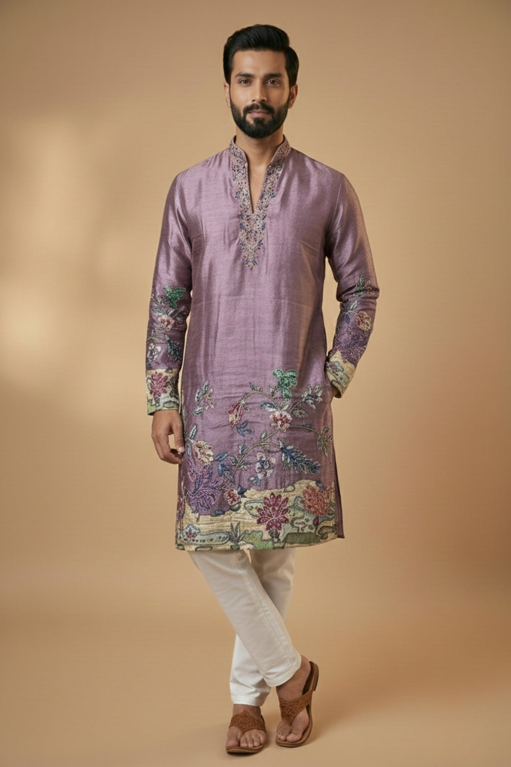 Mauve Silk Kurta Set with Zardosi and Sequins Work
