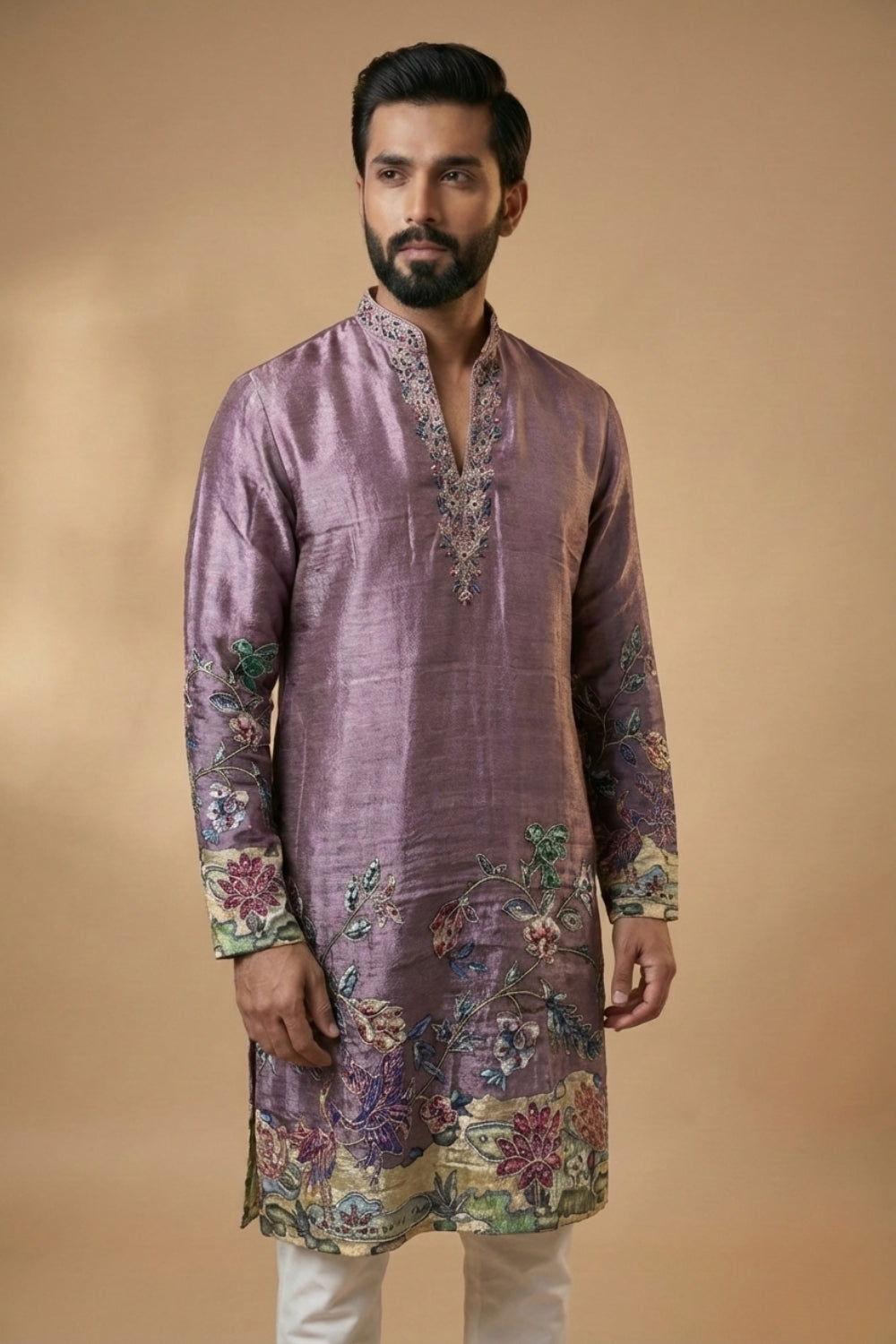 Mauve Silk Kurta Set with Zardosi and Sequins Work
