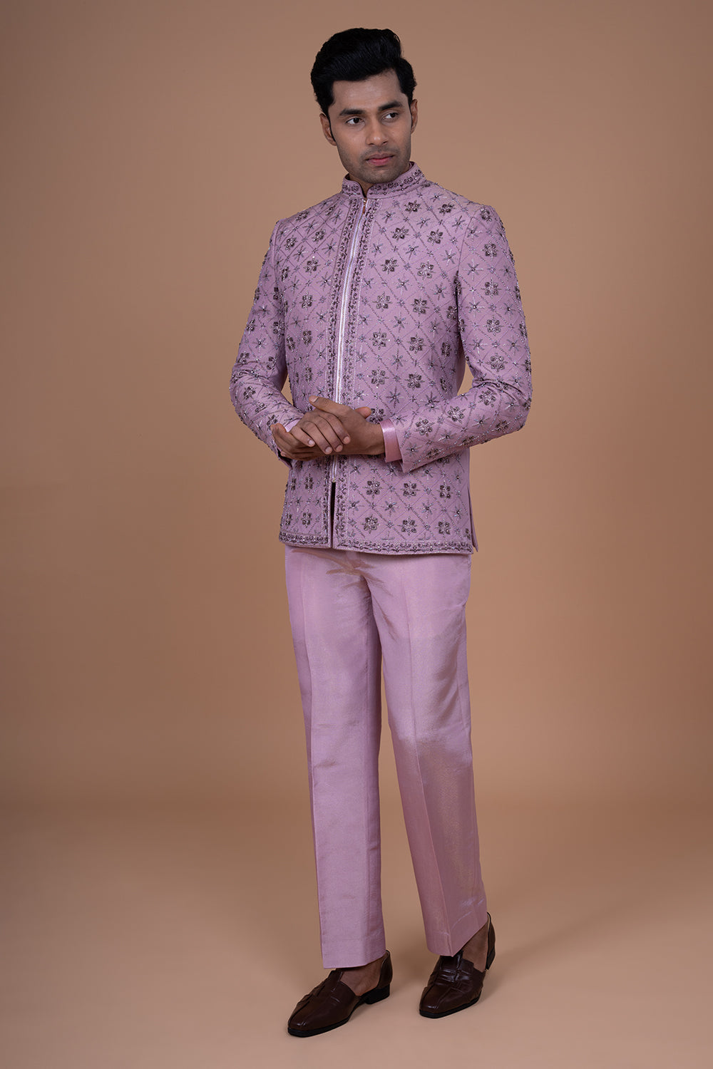 Mauve raw silk Geometric Embroidered jacket with mirror and thread work