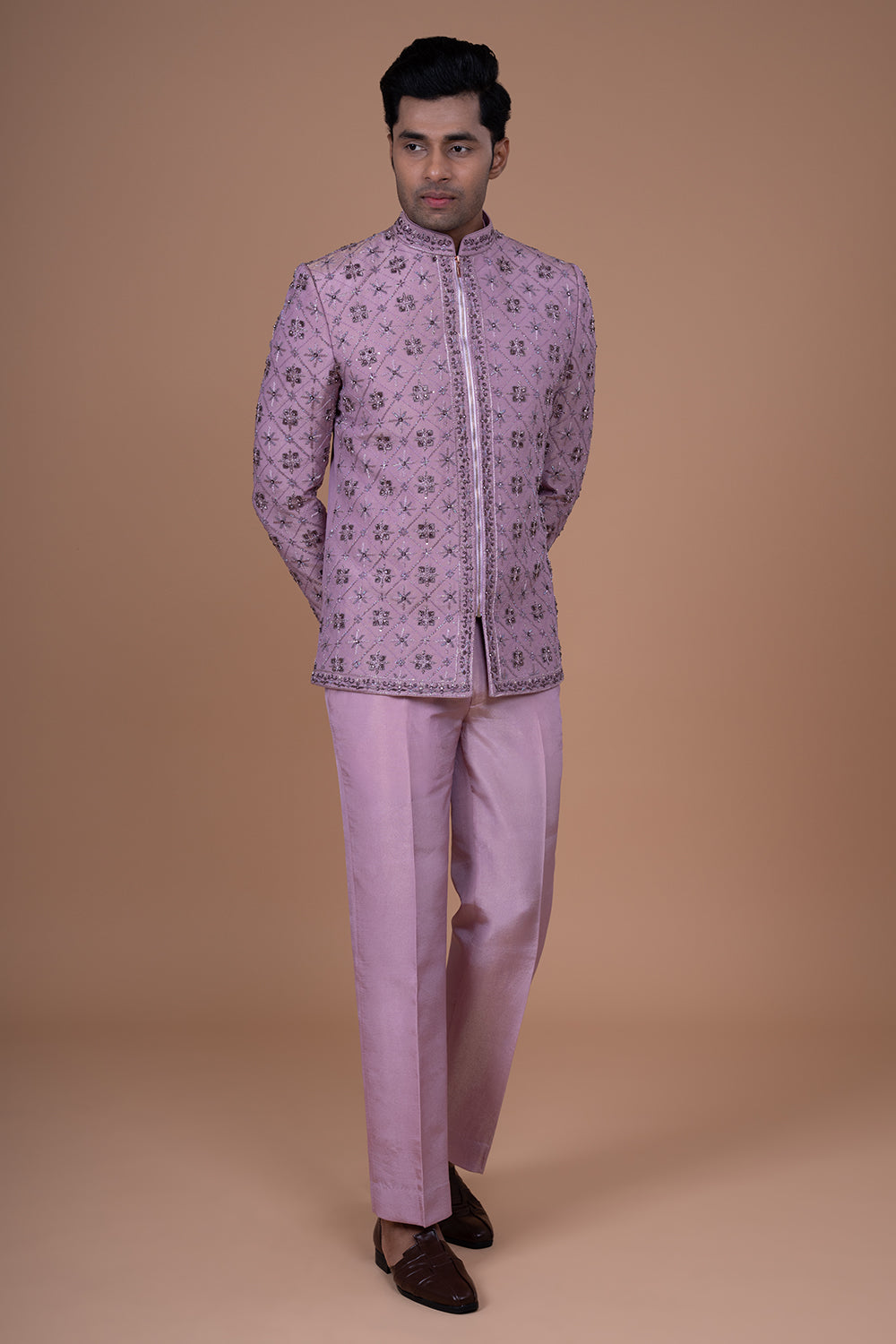 Mauve raw silk Geometric Embroidered jacket with mirror and thread work