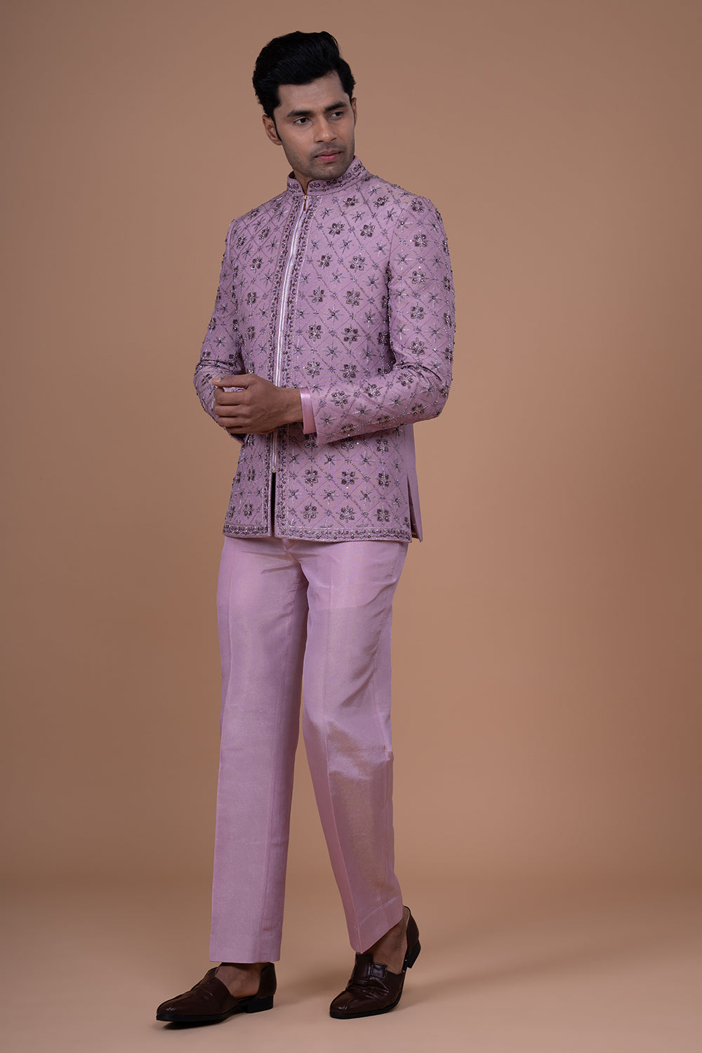 Mauve raw silk Geometric Embroidered jacket with mirror and thread work