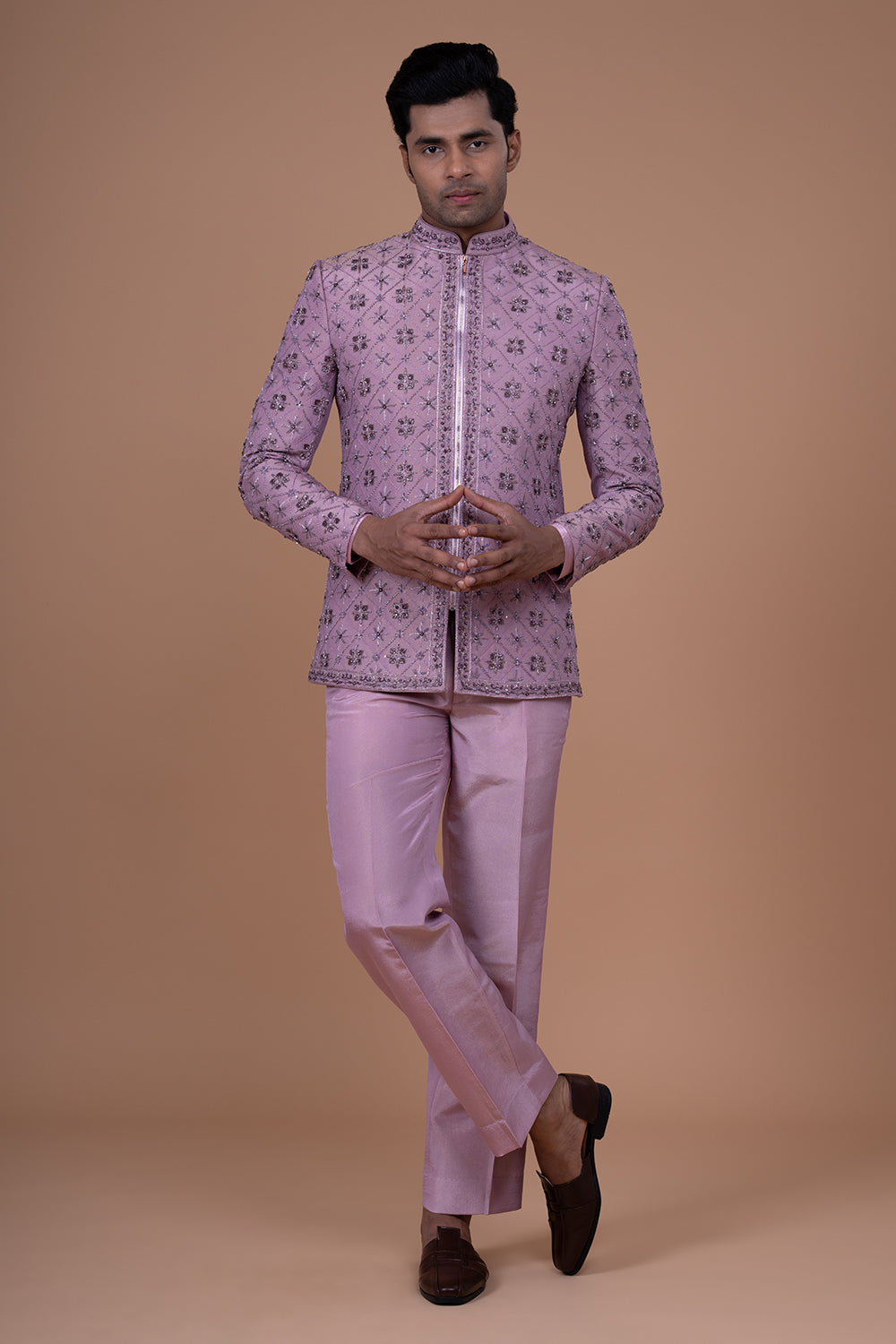 Mauve raw silk Geometric Embroidered jacket with mirror and thread work