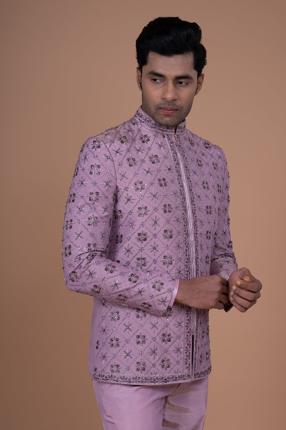 Mauve raw silk Geometric Embroidered jacket with mirror and thread work