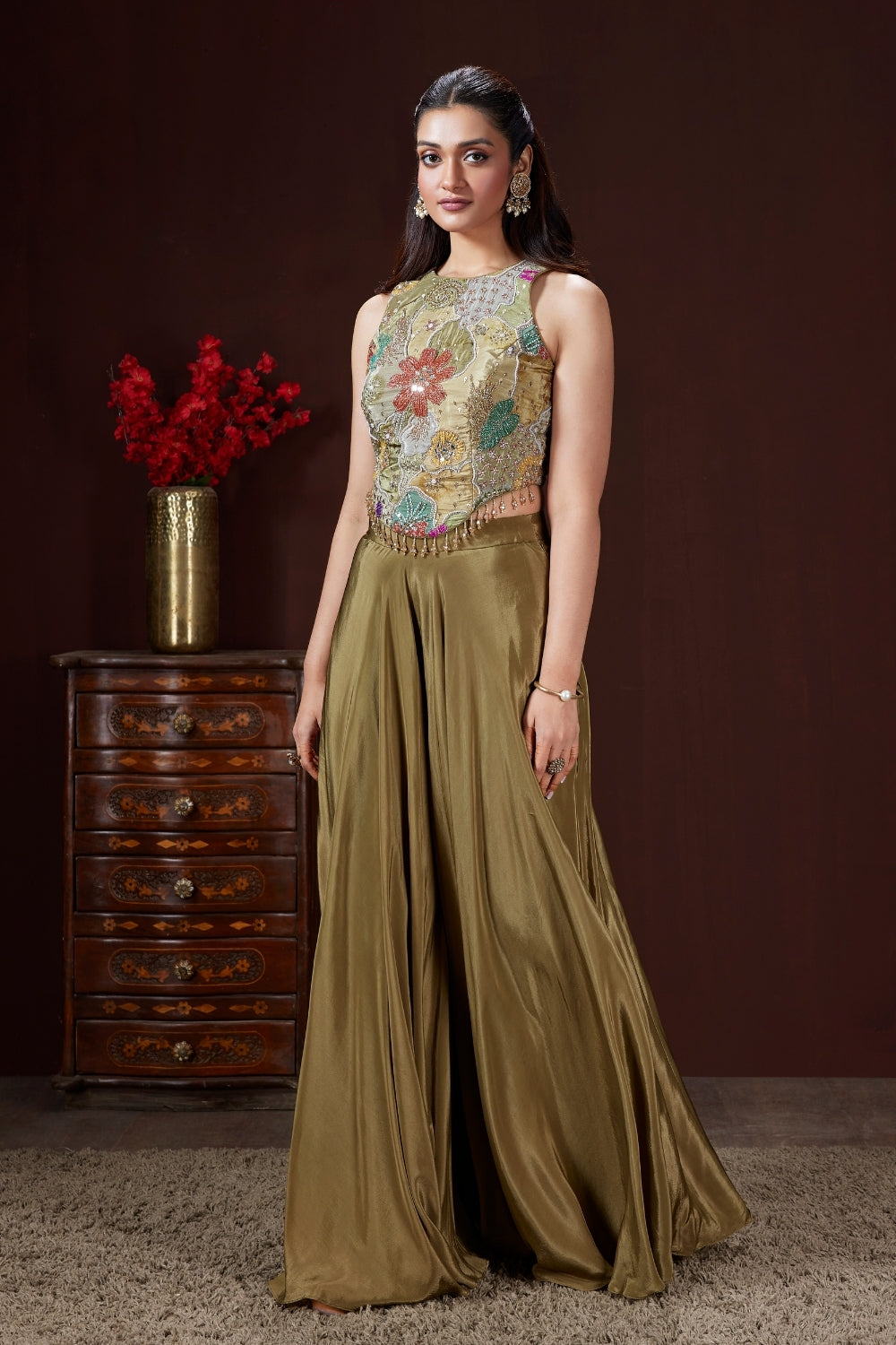 Mehndi Green Crepe Silk Palazzo Set with Cutdana and Beads