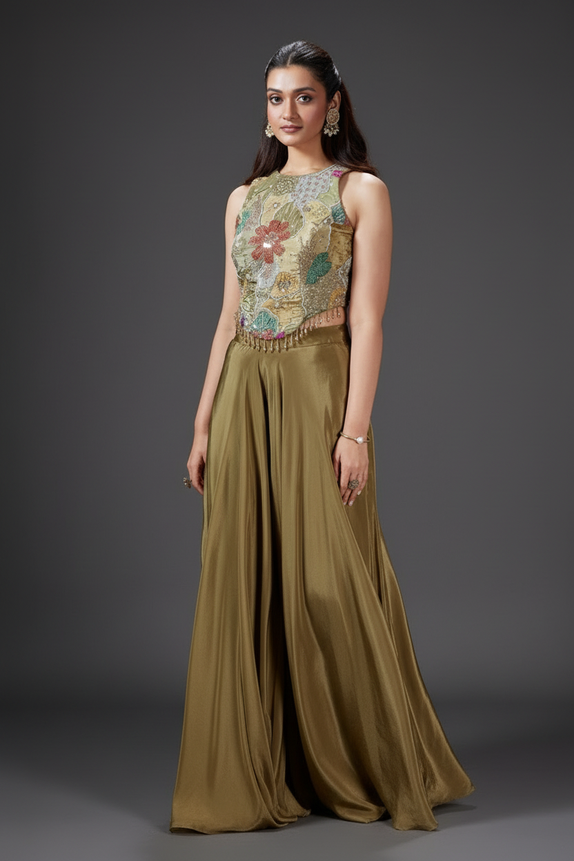 Mehndi Green Crepe Silk Palazzo Set with Cutdana and Beads