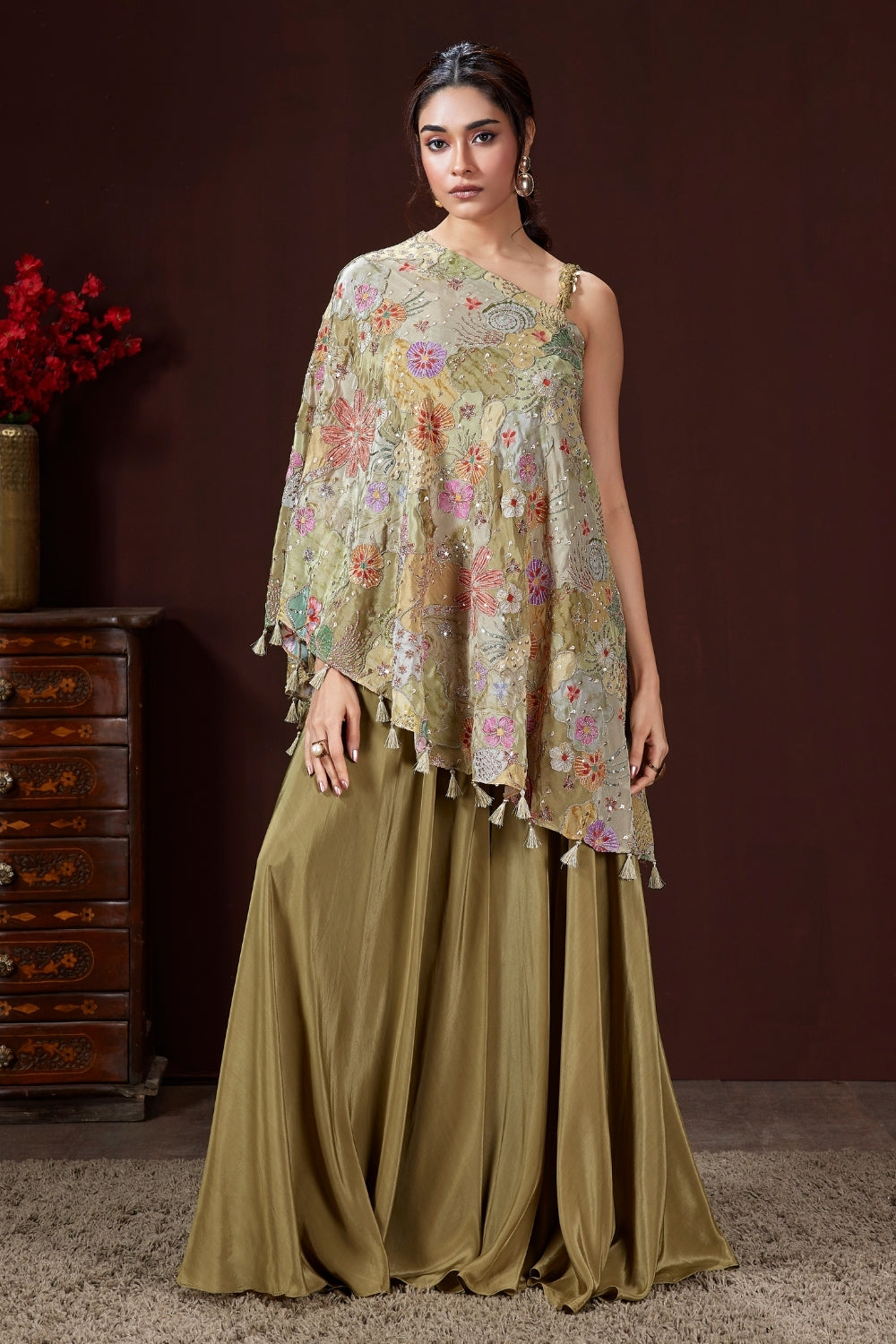 Mehndi Green Palazzo Set with Cutdana and Beads Work