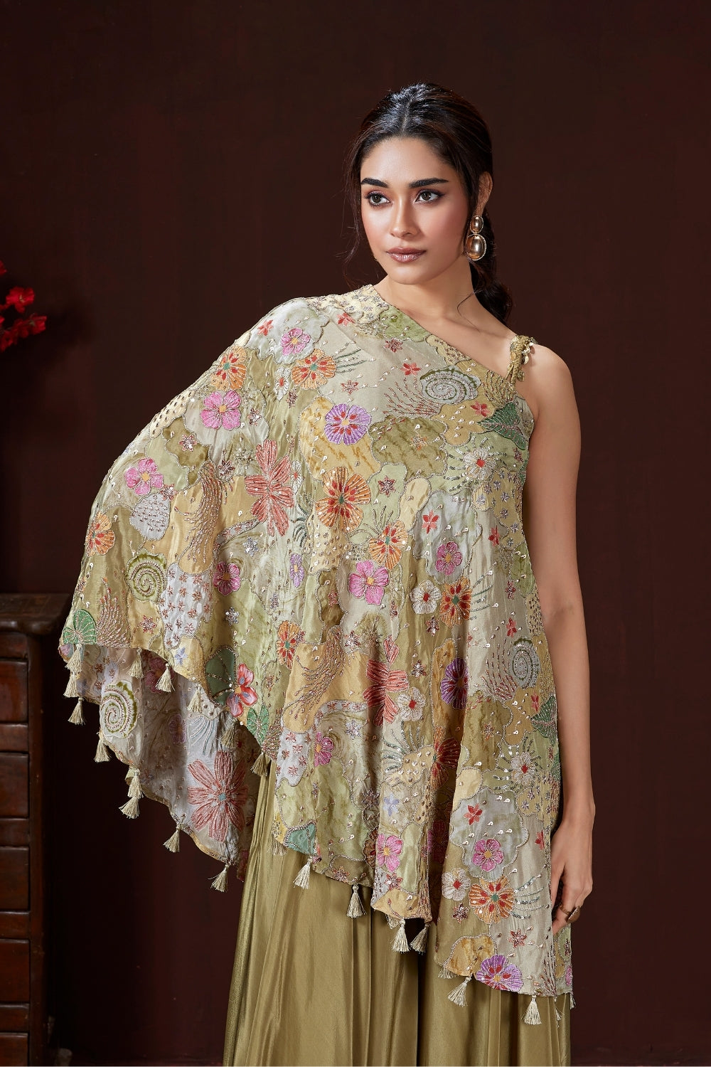 Mehndi Green Palazzo Set with Cutdana and Beads Work