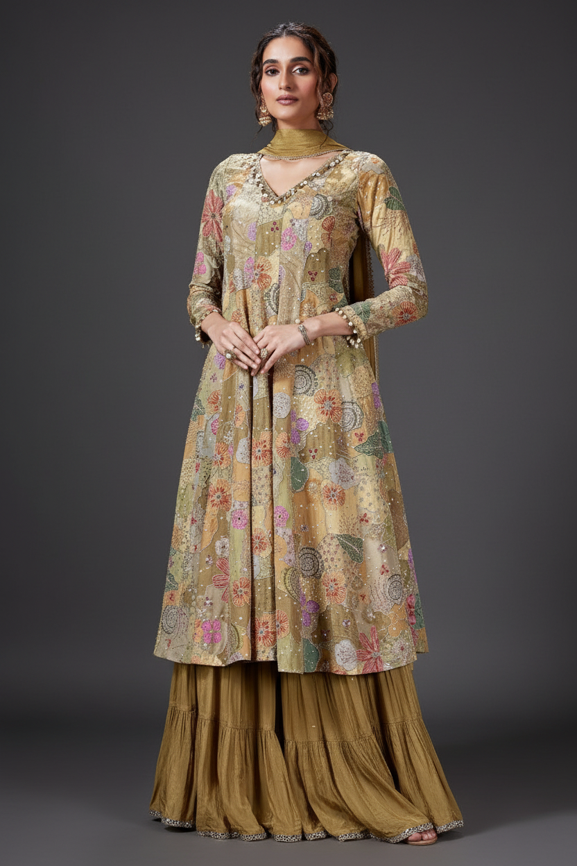 Mehndi Green Sharara set with Cutdana and Zari Work