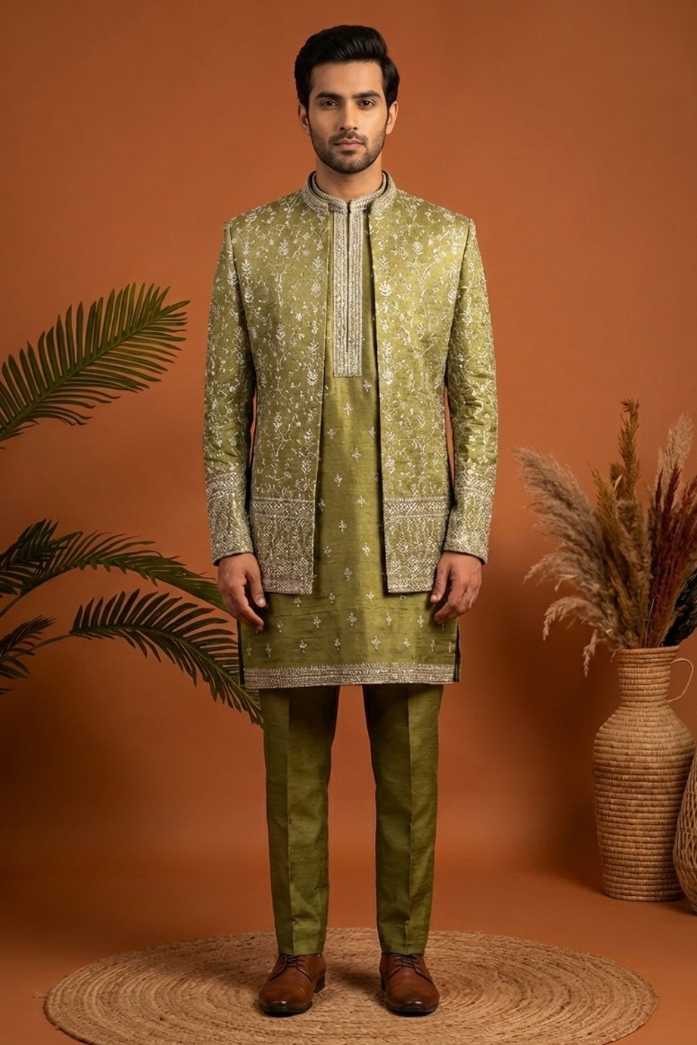 Mehndi Imported Indo Western with Embroidery and Sequins Work