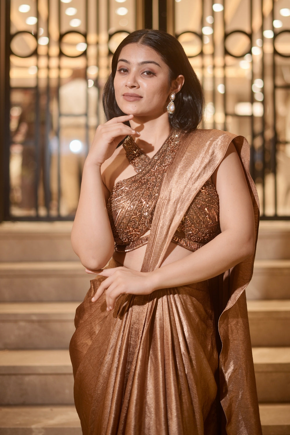 Metallic Gold Crush Satin Pre Drape Saree with Cutdana and Beads Work