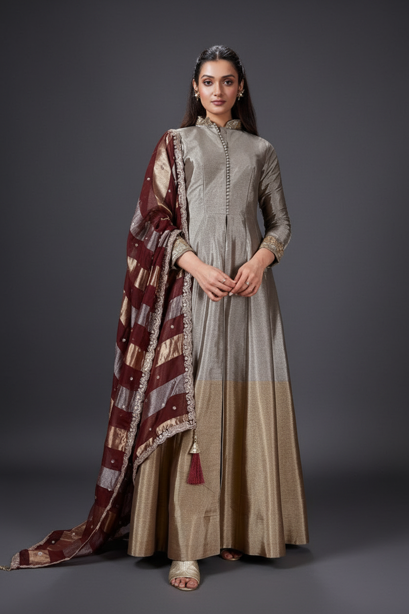 Metallic Gold and Grey Tissue Silk Anarkali Set with Moti and Cutdana Work