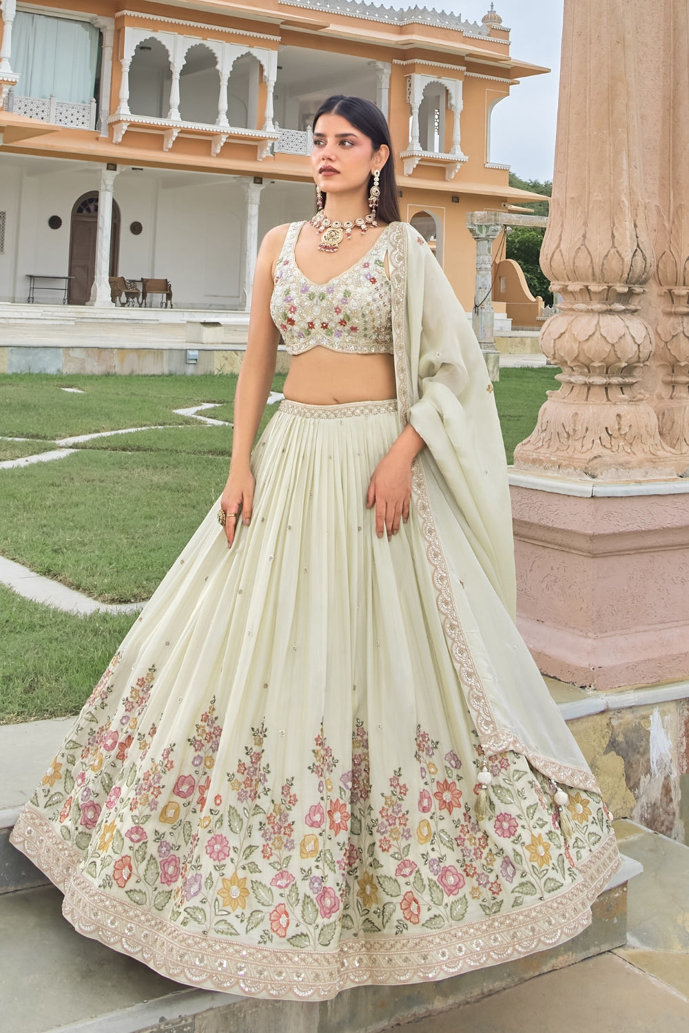 Mint Green Georgette Lehenga Set with Zardosi and Cutdana