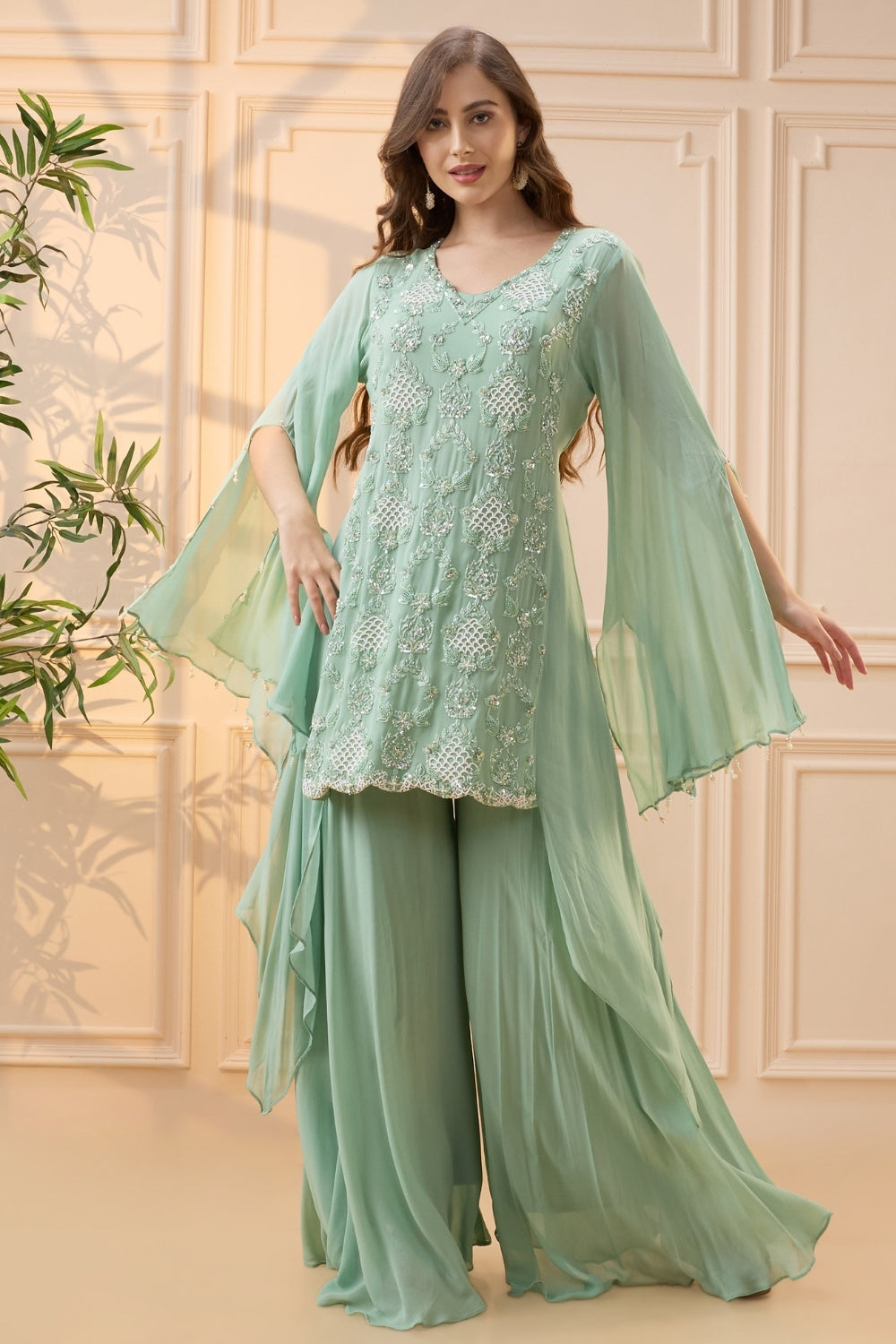 Mint Green Georgette Palazzo Set with Cutdana and Moti Work