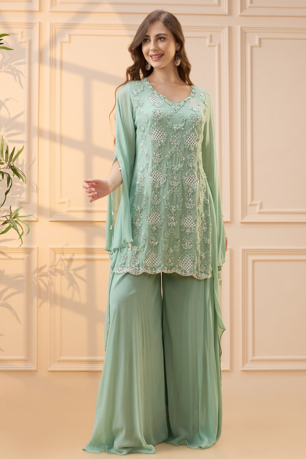 Mint Green Georgette Palazzo Set with Cutdana and Moti Work