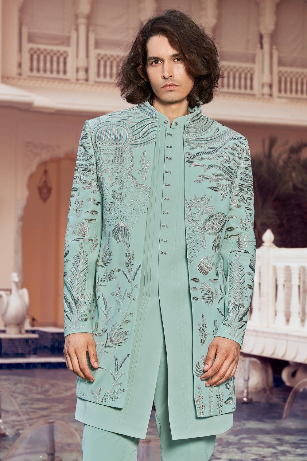 Mint Green Imported Indo Western with Sequins and Embroidery