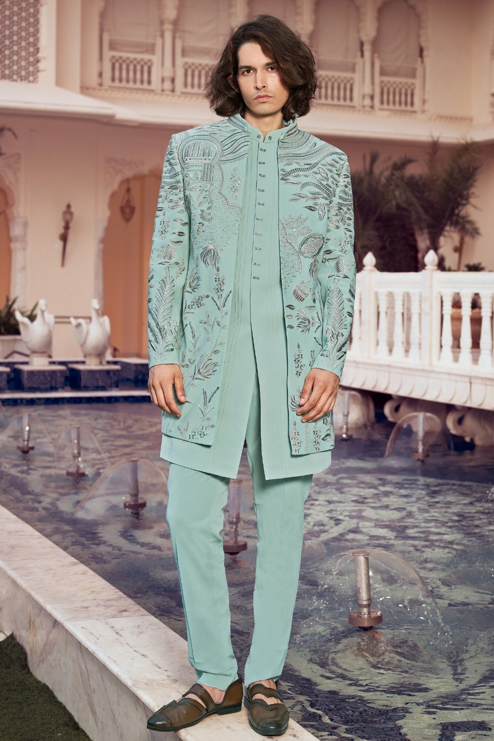 Mint Green Imported Indo Western with Sequins and Embroidery