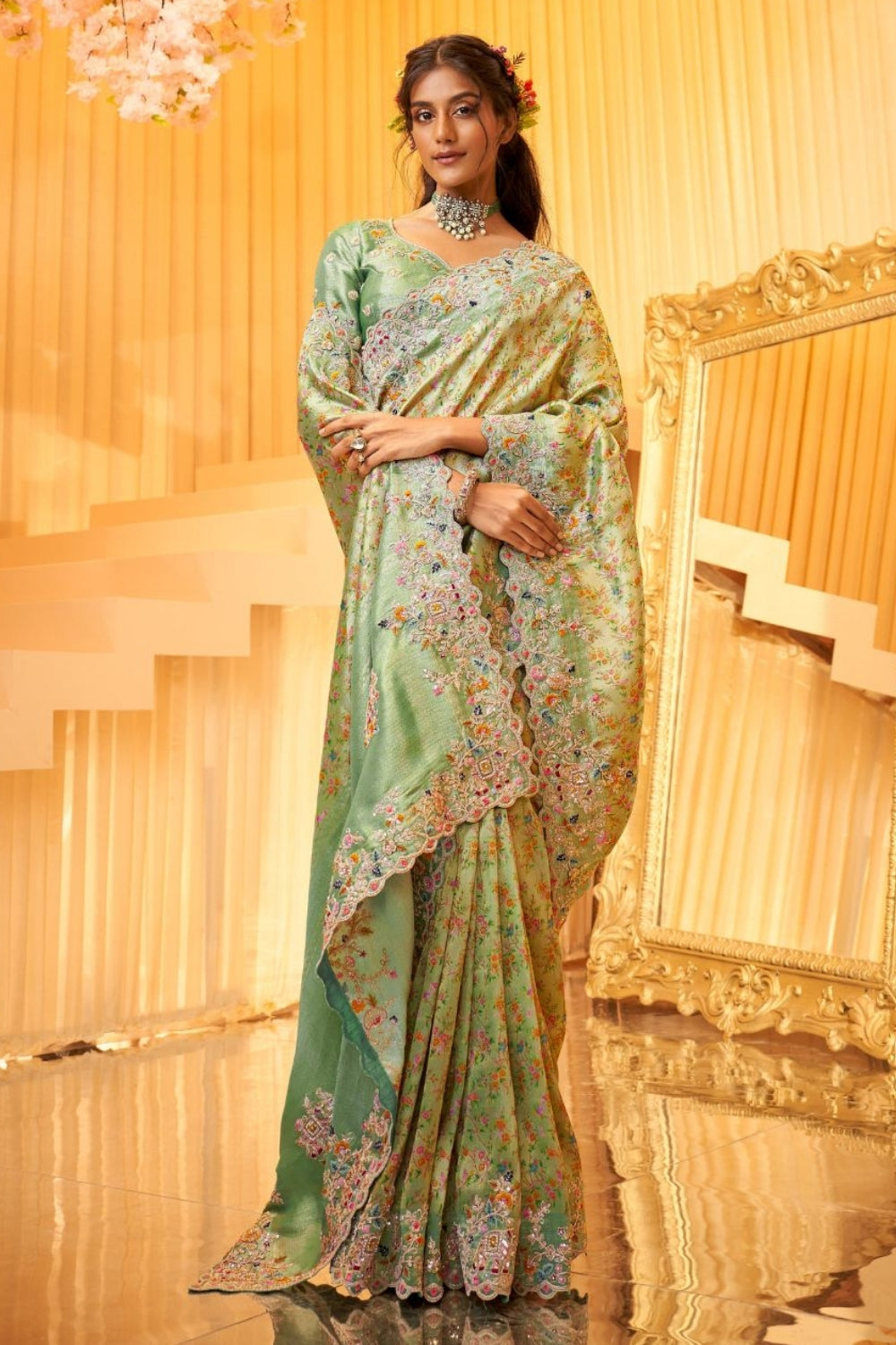 Mint Green Viscose Silk Saree with Cutdana and Resham Embroidery Work