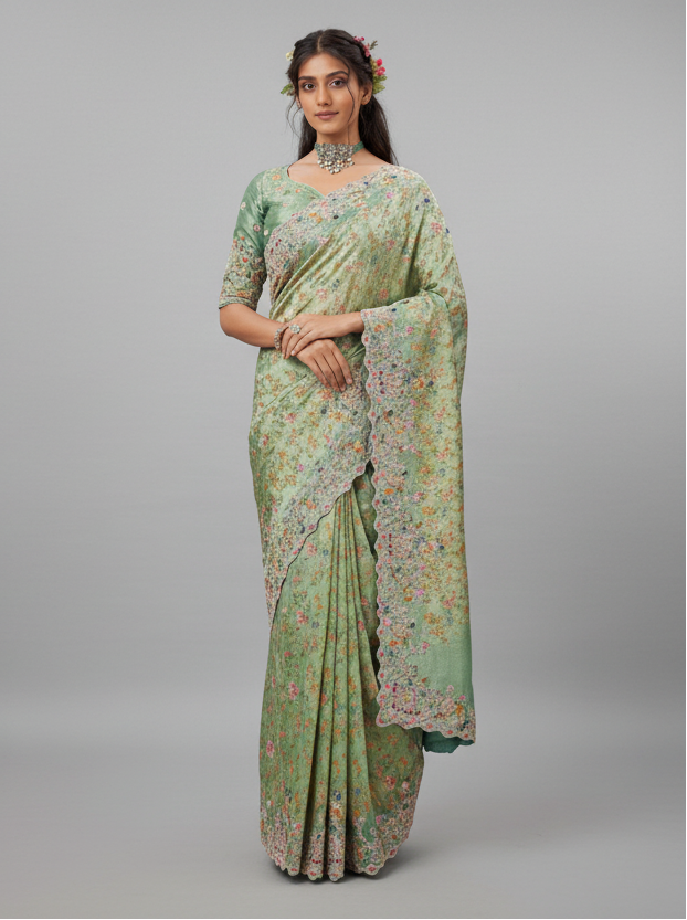 Mint Green Viscose Silk Saree with Cutdana and Resham Embroidery Work