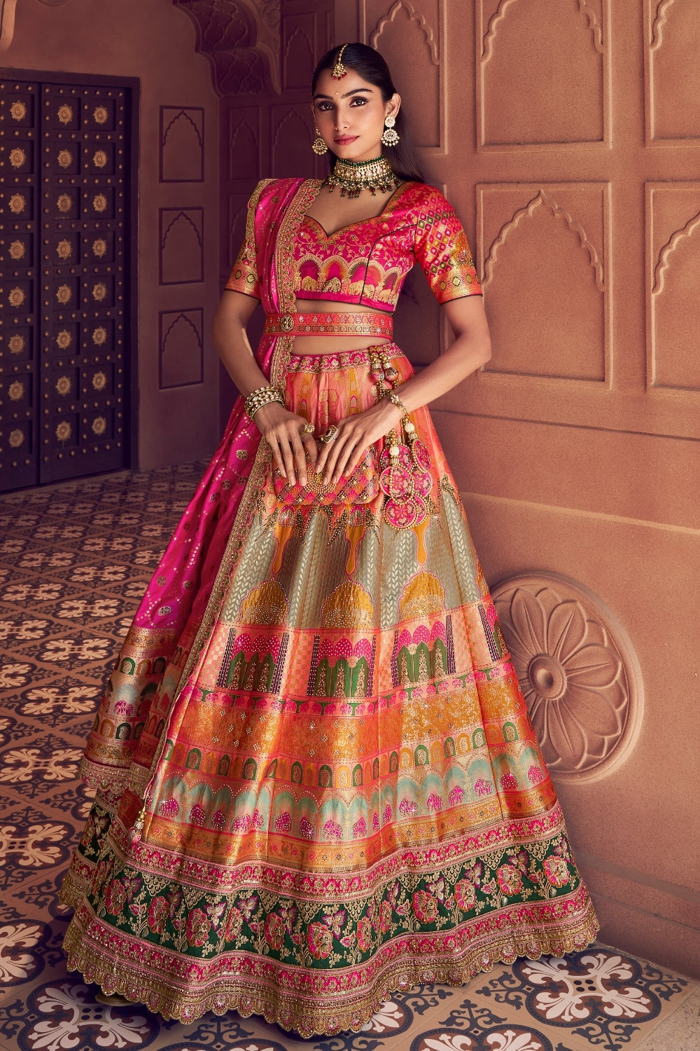 Multi Banarsi Silk Bridal Lehenga Set with Embroidery and Stone Work