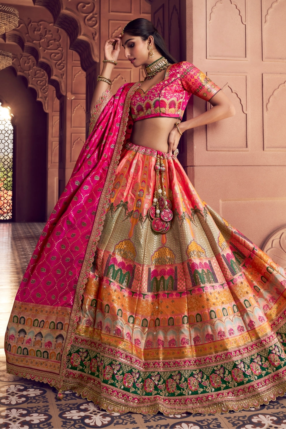 Multi Banarsi Silk Bridal Lehenga Set with Embroidery and Stone Work