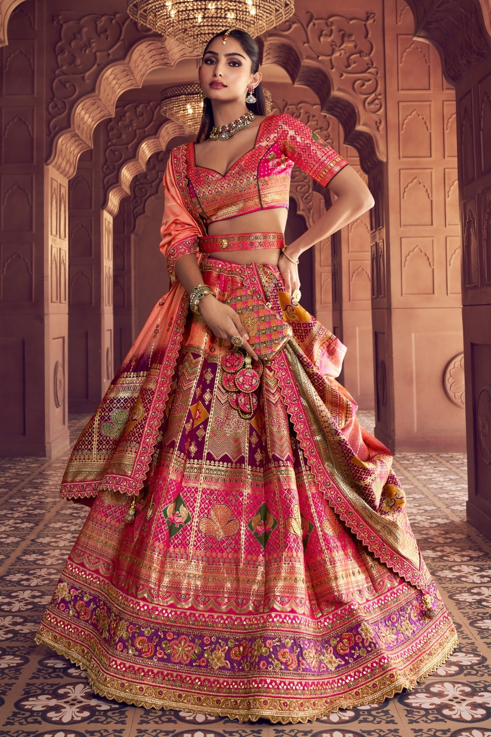 Multi Banarsi Silk Bridal Lehenga Set with Embroidery and Stone Work