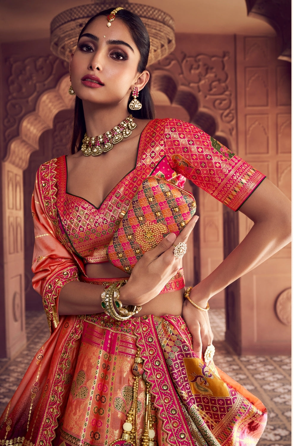 Multi Banarsi Silk Bridal Lehenga Set with Embroidery and Stone Work