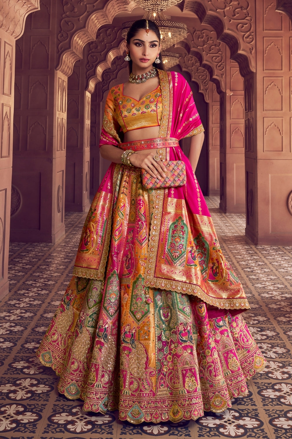 Multi Banarsi Silk Lehenga Set with Resham Embroidery and Stone Work