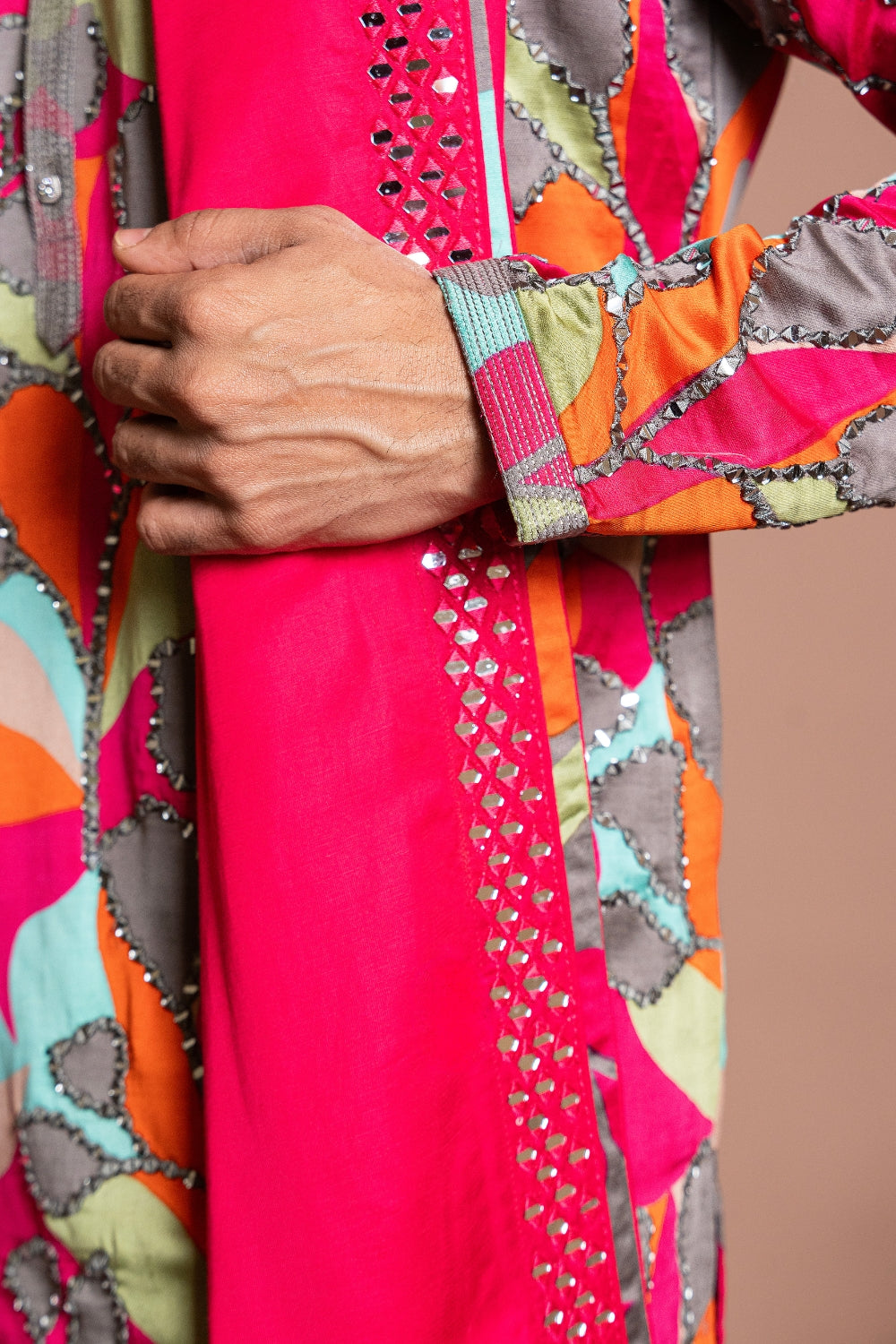 Multi Color Linen Satin Kurta set with Mirror and Thread Work