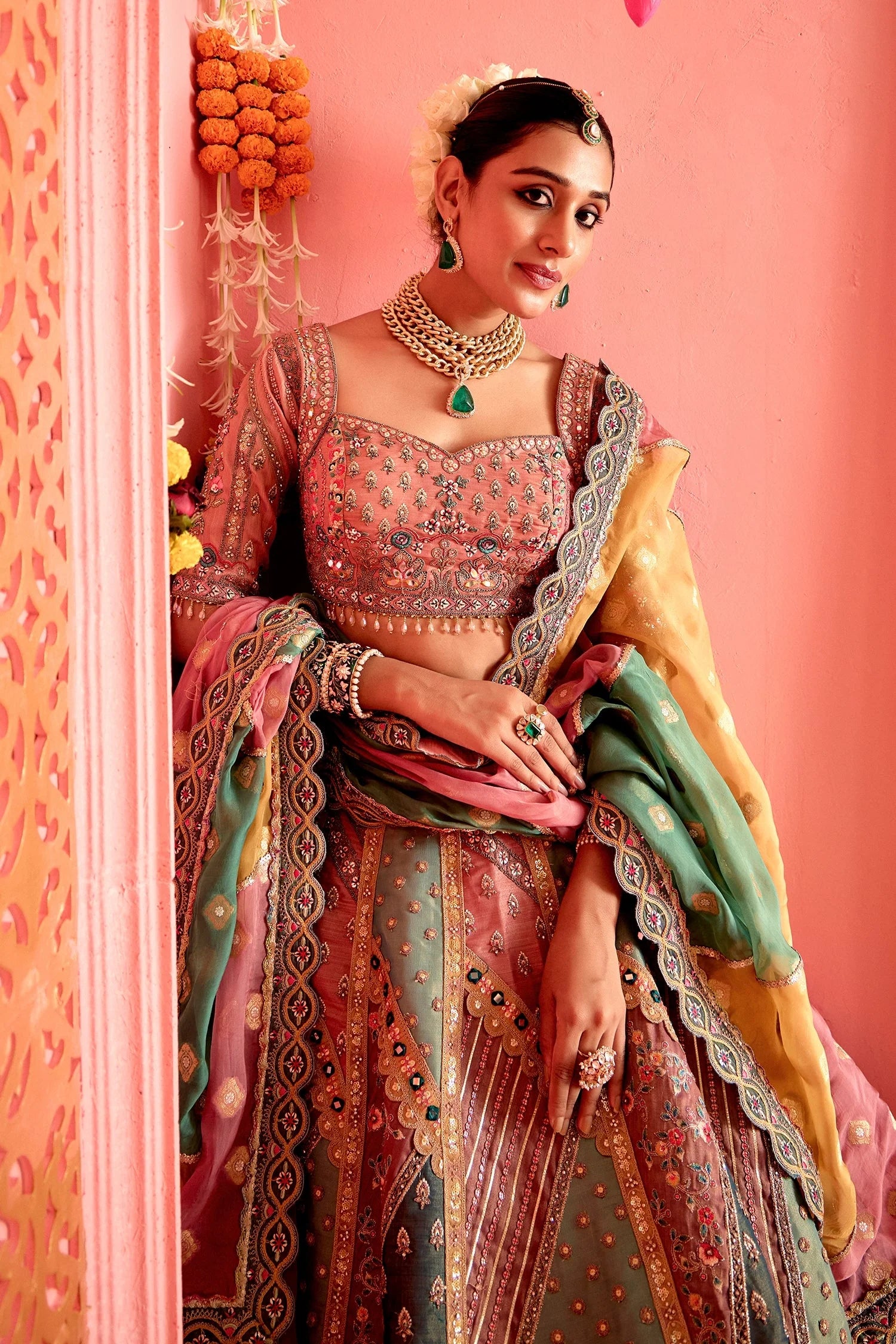 Multi Colored Tissue Patch Work Designer Lehenga