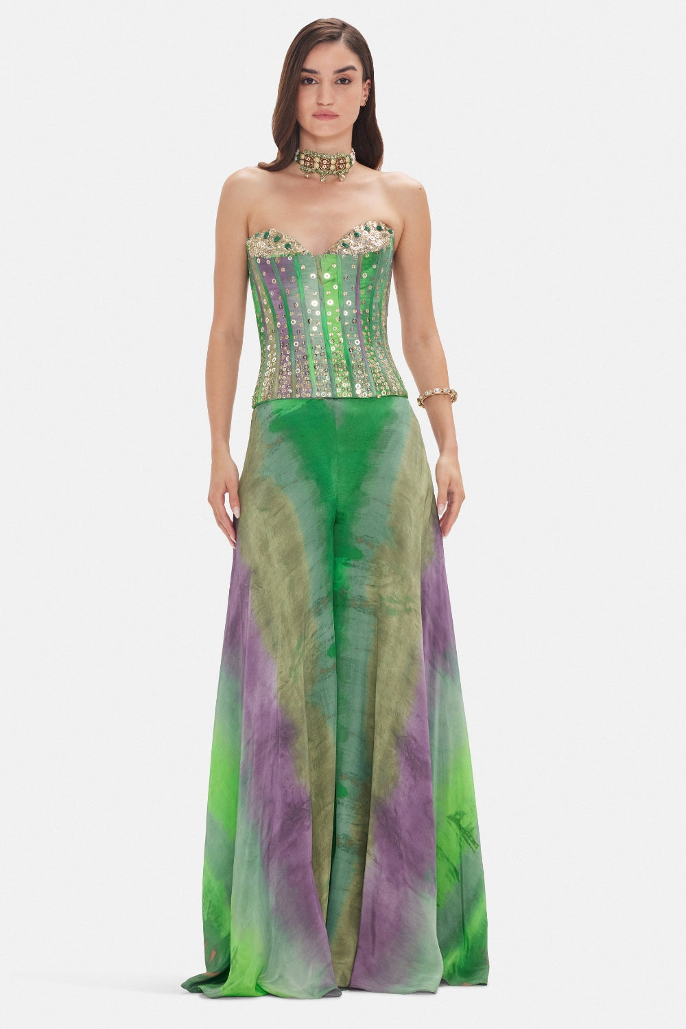 Multi Crepe Indo Western Set with Co-ord Set Blouse and Cutdana Work