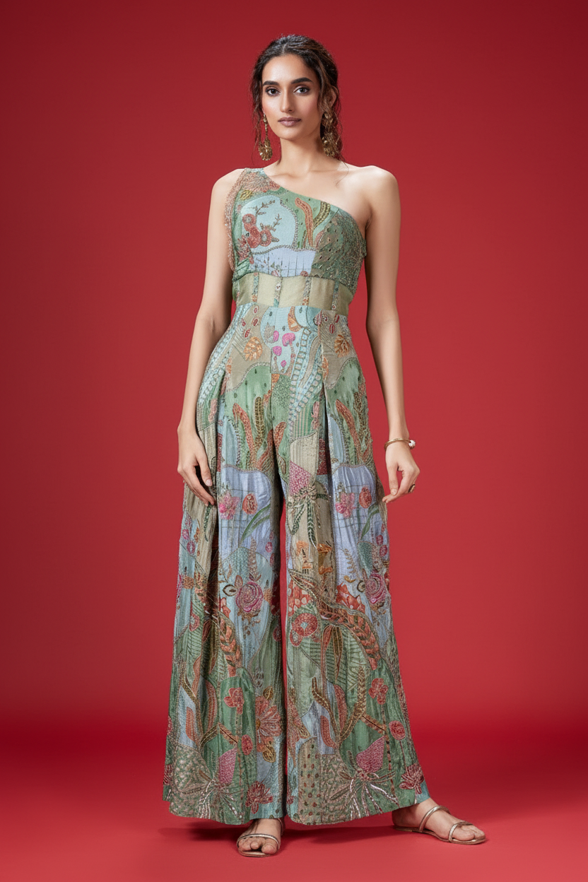 Multi Crepe Silk Jumpsuit with Cutdana and Beads Work