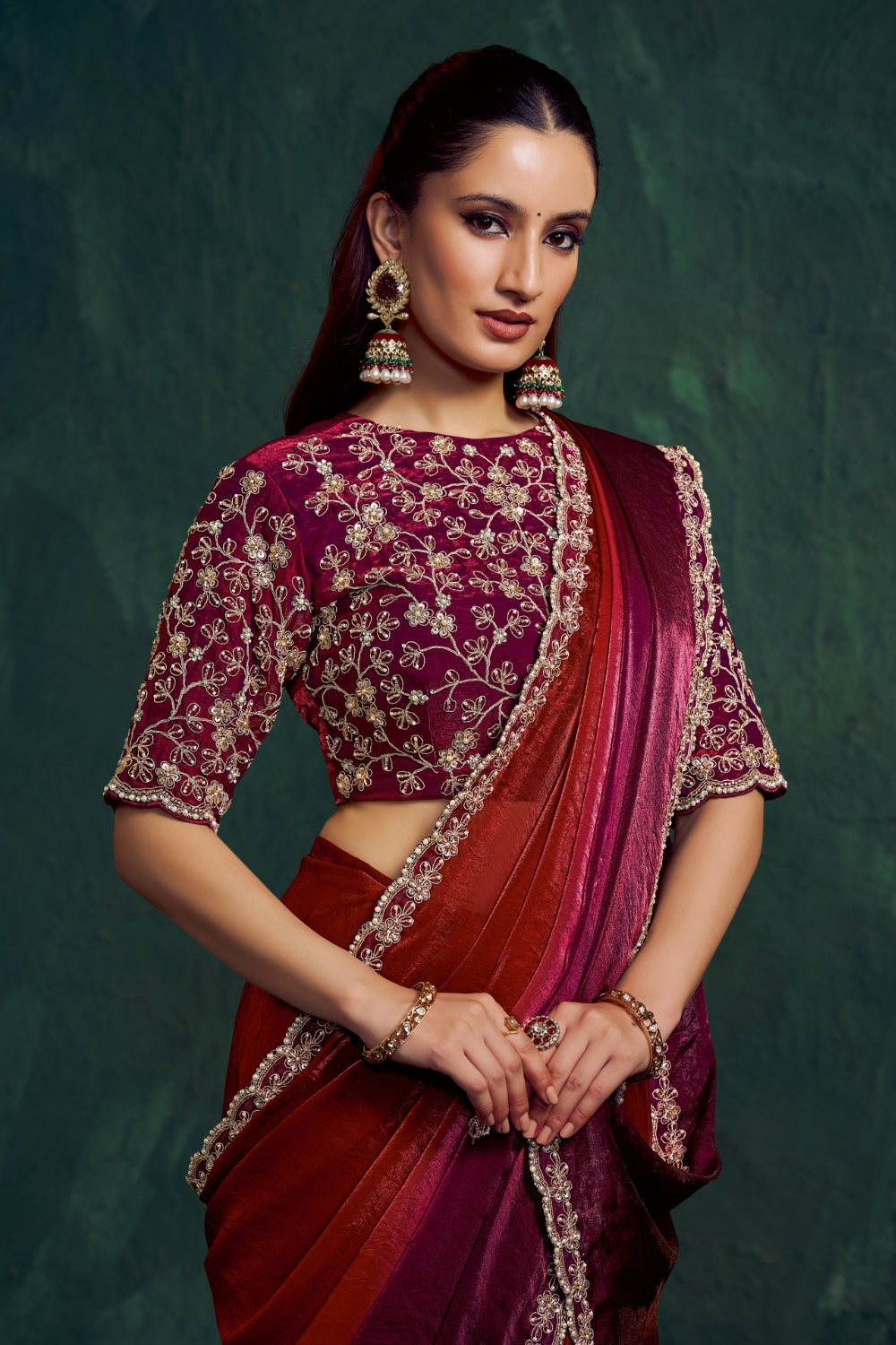 Multi Satin Silk Saree with Cutdana and Moti Work