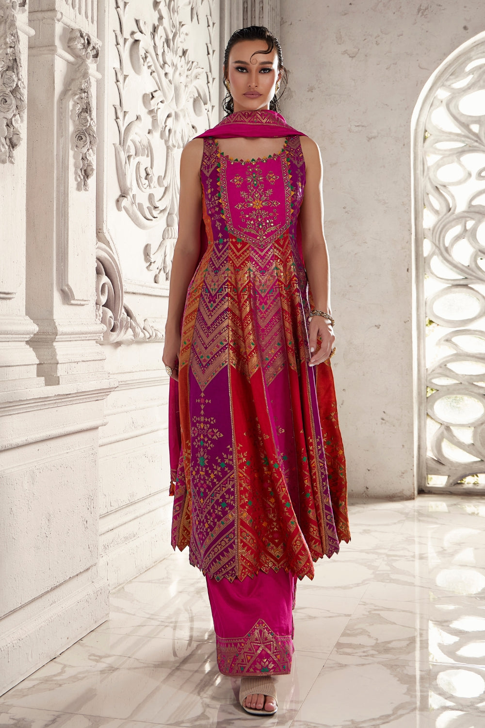 Multi Silk Anarkali Set with Zardosi and Cutdana Work