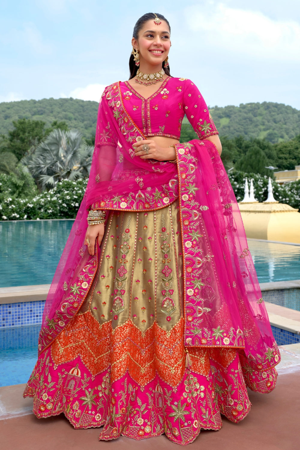 Multi Silk Lehenga Set with Sequins and Stone Work