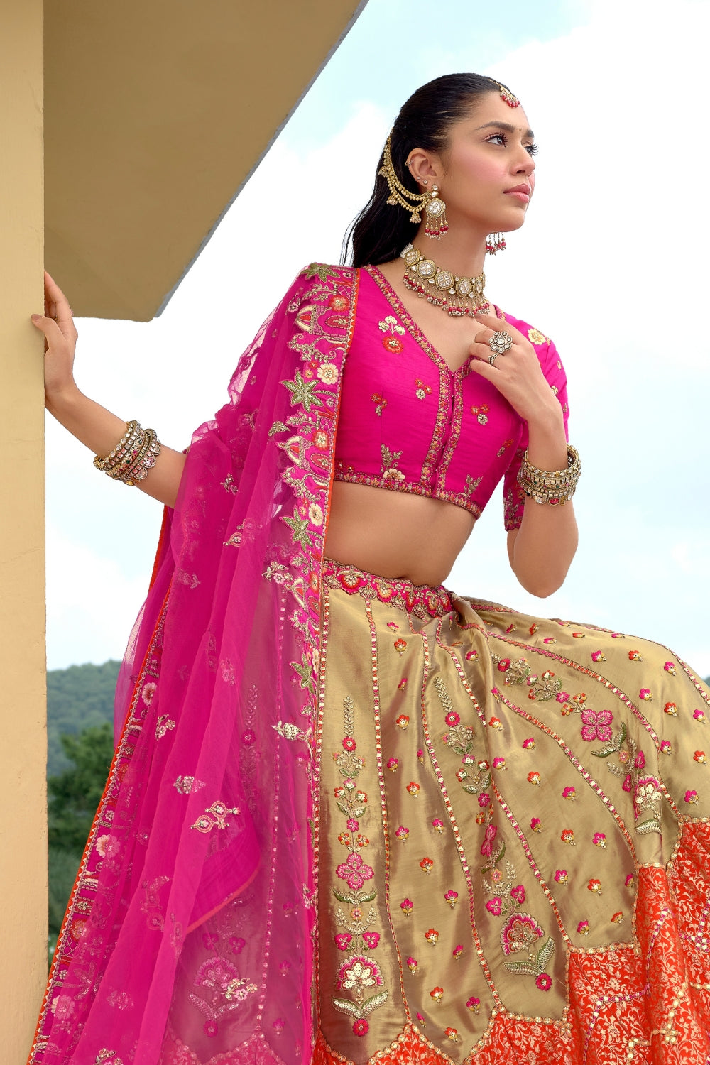 Multi Silk Lehenga Set with Sequins and Stone Work