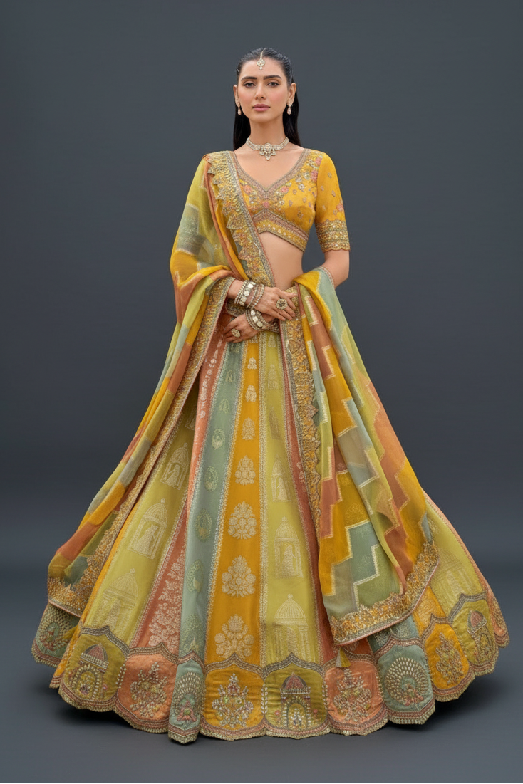 Multi Silk Lehenga Set with Stone and Embroidery Work