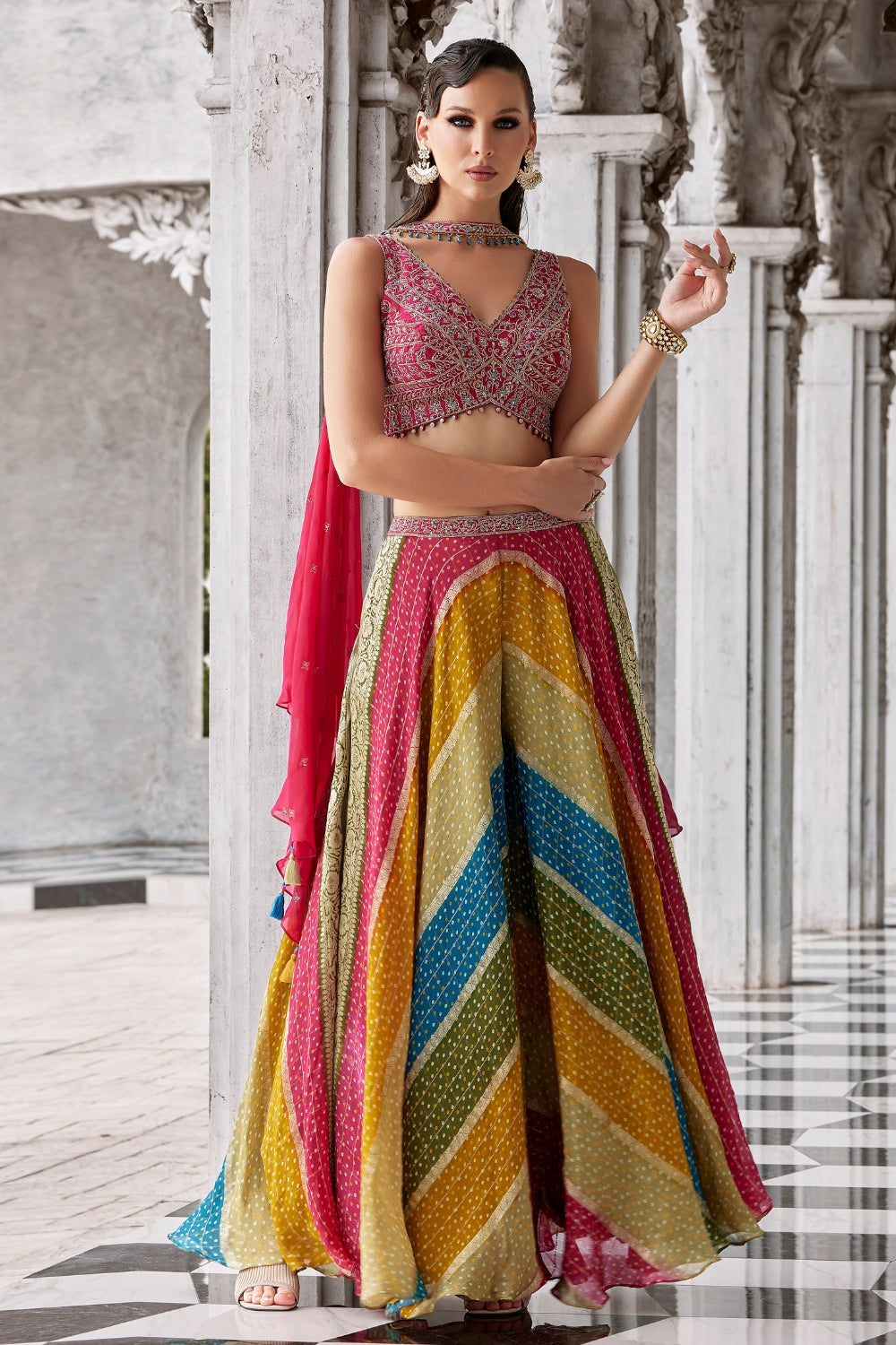 Multi Silk Palazzo Set with Cutdana and Embroidery Work