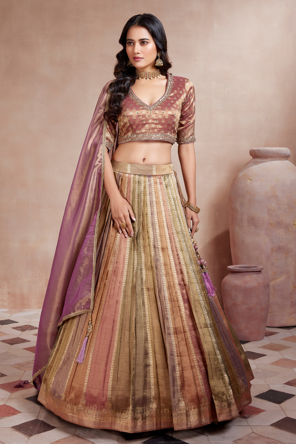 Multi Tissue Pleated Lehenga With Zari Weaving