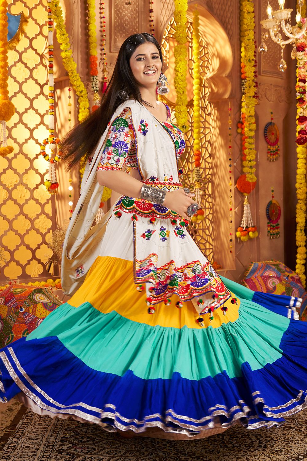 Multi Viscose Cotton Navratri Lehenga Choli Thread With Mirror Work