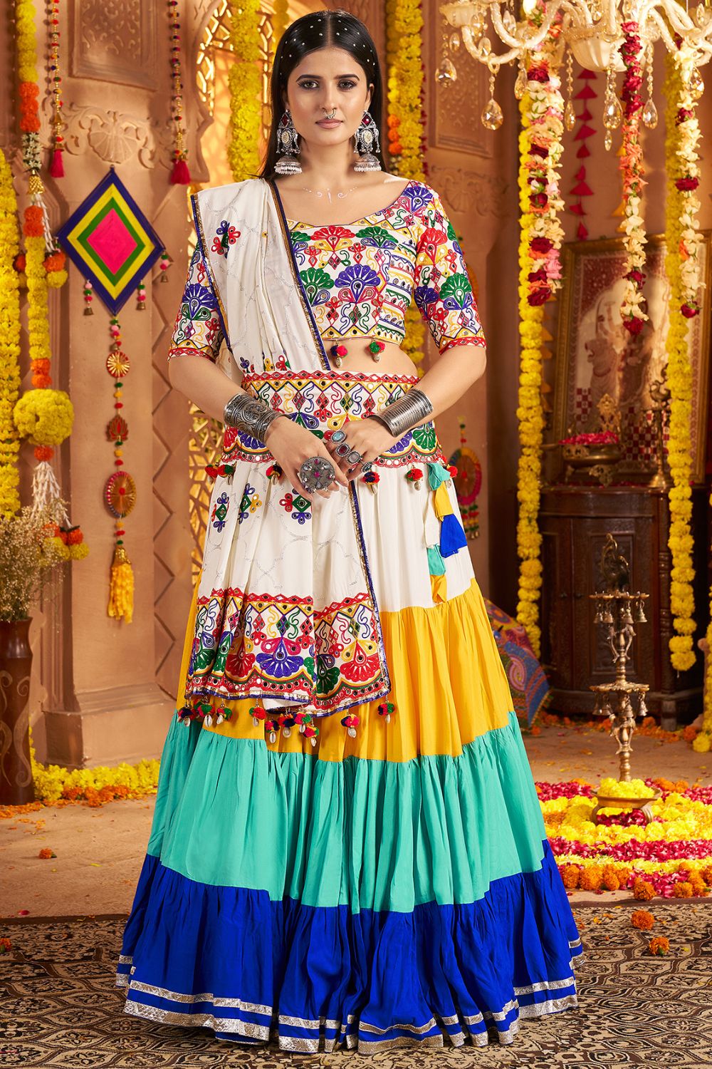 Multi Viscose Cotton Navratri Lehenga Choli Thread With Mirror Work