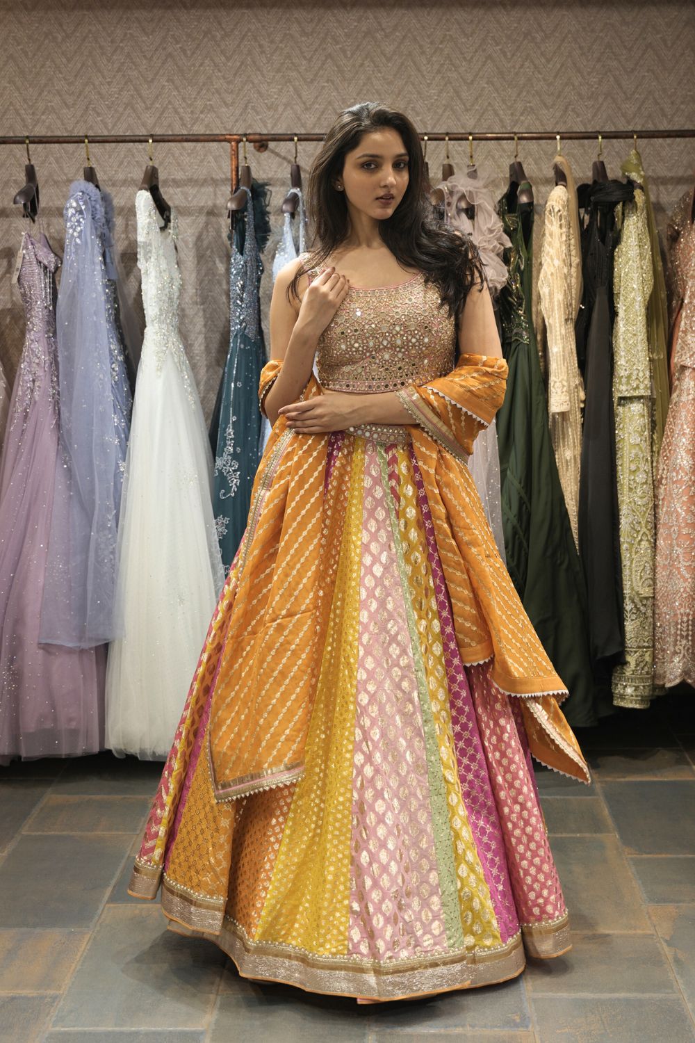 Multi Color Banarasi Lehenga Choli with Pearl and Zardosi Work