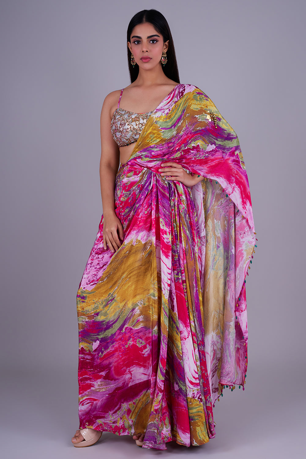 Multicolour drape saree with sequin blouse